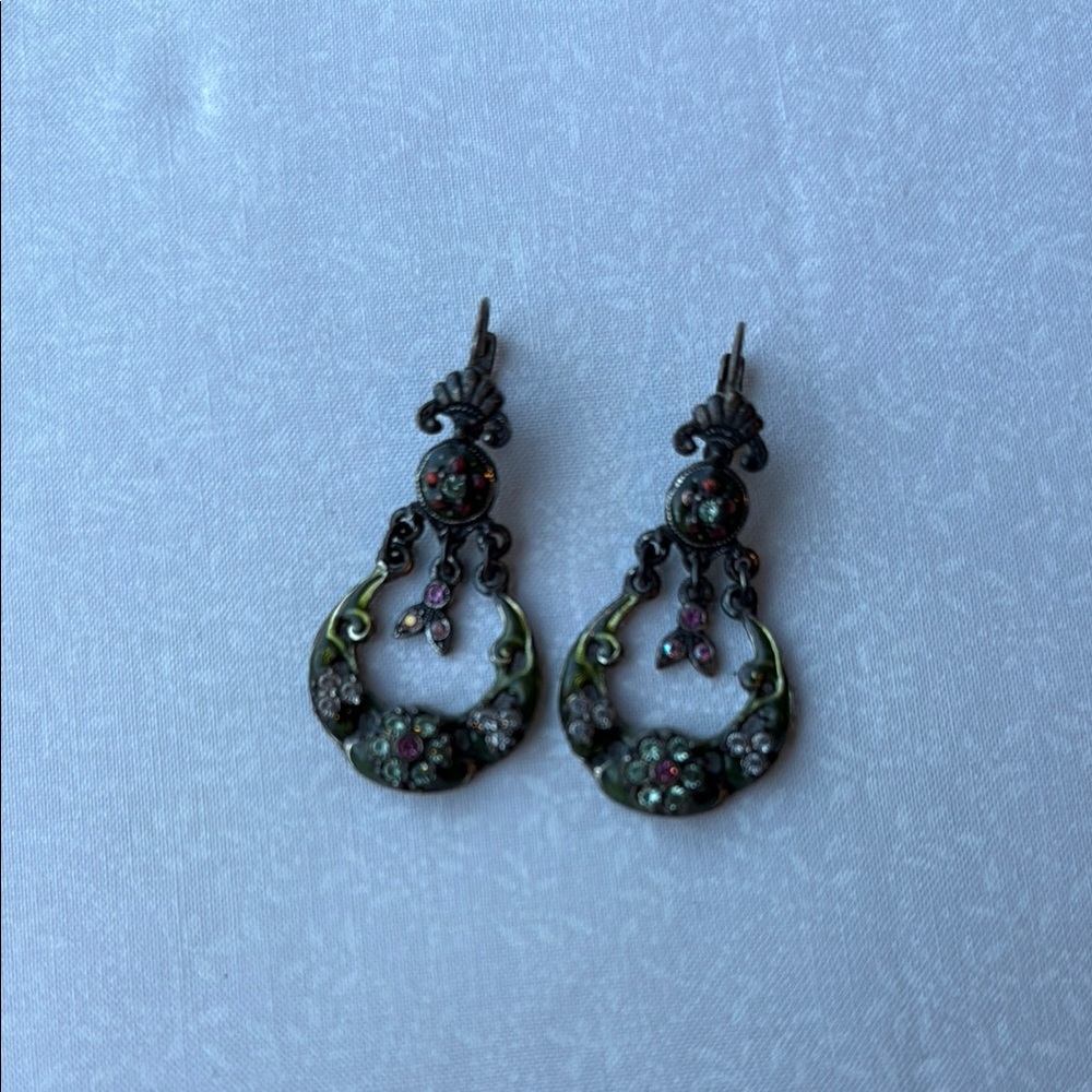 Kirks Folly Green and Pink‎ Drop Earrings with Filigree Design